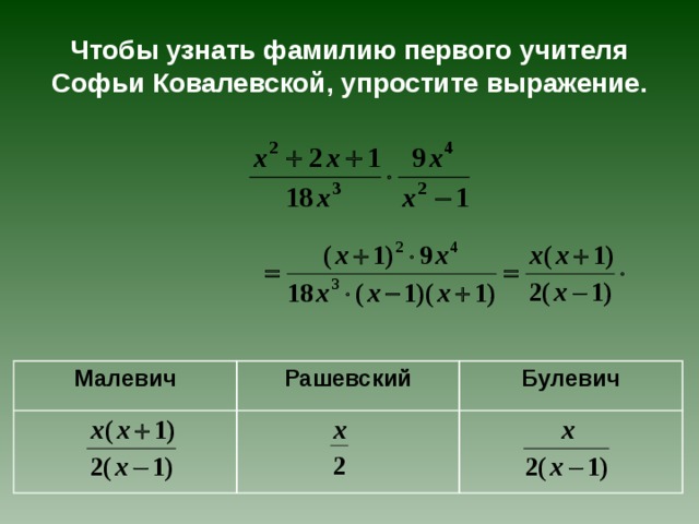 Чтобы узнать фамилию первого учителя Софьи Ковалевской, упростите выражение. Малевич Рашевский Булевич