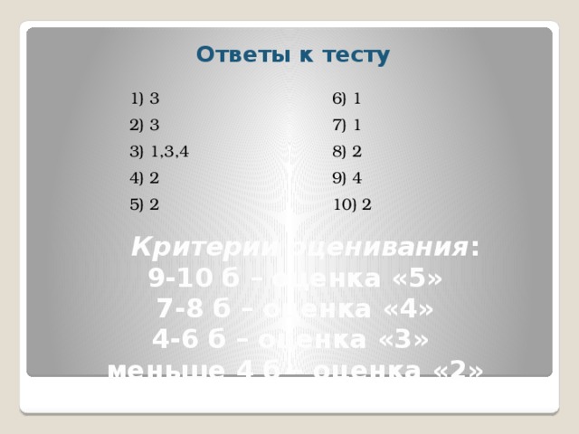 Ответы к тесту  1) 3 6) 1 2) 3 7) 1 3) 1,3,4 8) 2 4) 2 9) 4 5) 2 10) 2 Критерии оценивания :  9-10 б – оценка «5»  7-8 б – оценка «4»  4-6 б – оценка «3»  меньше 4 б – оценка «2»   