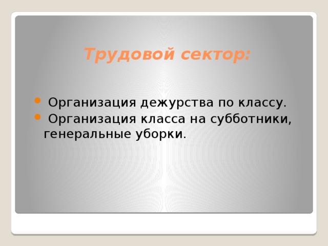 Трудовой сектор:      Организация дежурства по классу.  Организация класса на субботники, генеральные уборки. 