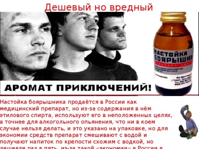 Дешевый но вредный   Настойка боярышника продаётся в России как медицинский препарат, но из-за содержания в нём этилового спирта, используют его в неположенных целях, а точнее для алкогольного опьянения, что ни в коем случае нельзя делать, и это указано на упаковке, но для экономии средств препарат смешивают с водой и получают напиток по крепости схожим с водкой, но дешевле раз в пять, из-за такой «экономии» в России в общей сложности пострадало 123 человека, 76 из них скончались 