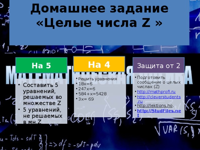 Домашнее задание  «Целые числа Z »   На 4 На 5 Защита от 2 Подготовить сообщение о целых числах (Z) http://mathprofi.ru http://cleverstudents.ru http://lektions.ho . http://StudFiles.net Подготовить сообщение о целых числах (Z) http://mathprofi.ru http://cleverstudents.ru http://lektions.ho . http://StudFiles.net Решить уравнения 18х=6 247х=6 584+х=5428 3х= 69 Решить уравнения 18х=6 247х=6 584+х=5428 3х= 69 Составить 5 уравнений, решаемых во множестве Z 5 уравнений, не решаемых в мн.Z Составить 5 уравнений, решаемых во множестве Z 5 уравнений, не решаемых в мн.Z 