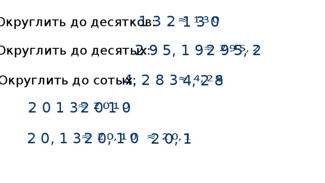 1 3 2   1 3 0 Округлить до десятков: 2 9 5, 1 9 2 9 5, 2   Округлить до десятых: 4, 2 8 3 4, 2 8   Округлить до сотых: 2 0 1 3   2 0 1 0 2 0, 1 3 2 0, 1 0   2 0, 1   