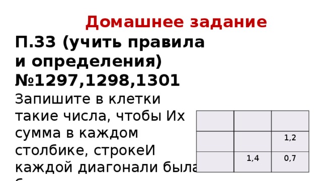 Домашнее задание П.33 (учить правила и определения) № 1297,1298,1301 Запишите в клетки такие числа, чтобы Их сумма в каждом столбике, строкеИ каждой диагонали была бы равна «магическому» числу 3. 1,2 1,4 0,7 