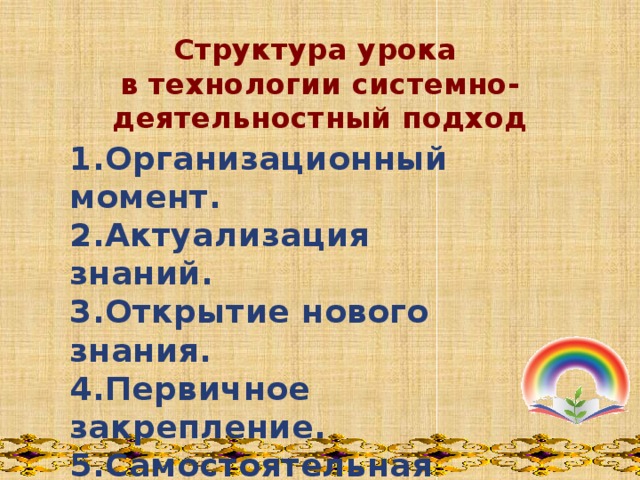 Структура урока в технологии системно-деятельностный подход   1.Организационный момент. 2.Актуализация знаний. 3.Открытие нового знания. 4.Первичное закрепление. 5.Самостоятельная работа. 6.Закрепление знаний. 7. Рефлексия. 