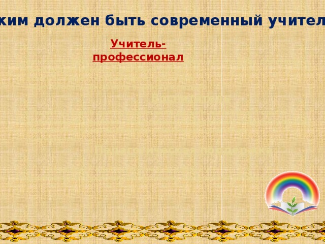Каким должен быть современный учитель?                 - демонстрирует универсальные и предметные способы действий;    - инициирует пробные действия детей;    - консультирует, корректирует действия;   - ищет способы включить в работу каждого   Воспитатель   - создаёт условия для приобретения детьми жизненного опыта  (обобщения, выбора, ответственного поведения, саморегуляции,  самостоятельной выработки жизненных ценностей;   - «соучастник»    Педагогическая поддержка   - оказывает адресную помощь ребёнку:   не избавляя от проблемной ситуации, но помогая её преодолеть       Учитель-профессионал 