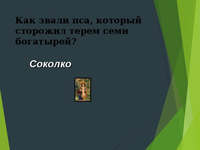 Как звали пса, который сторожил терем семи богатырей?  Соколко 