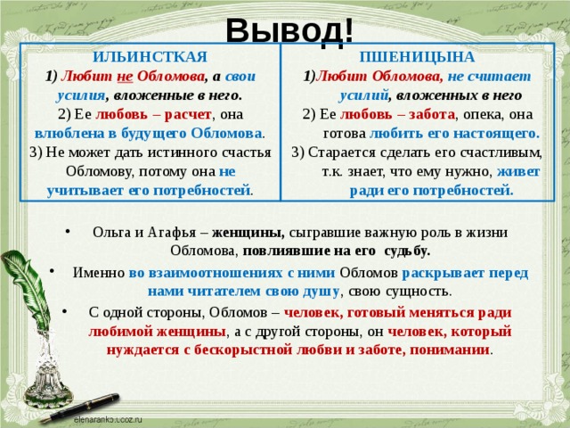 Вывод! ИЛЬИНСТКАЯ ПШЕНИЦЫНА 1) Любит не Обломова , а свои усилия , вложенные в него. 1) Любит Обломова, не считает  усилий , вложенных в него 2) Ее любовь – расчет , она влюблена в будущего Обломова . 2) Ее любовь – забота , опека, она готова любить его настоящего. 3) Не может дать истинного счастья Обломову, потому она не учитывает его потребностей . 3) Старается сделать его счастливым, т.к. знает, что ему нужно, живет ради его потребностей. Ольга и Агафья – женщины, сыгравшие важную роль в жизни Обломова, повлиявшие на его судьбу. Именно во взаимоотношениях с ними Обломов раскрывает перед нами читателем свою душу , свою сущность. С одной стороны, Обломов – человек, готовый меняться ради любимой женщины , а с другой стороны, он человек, который нуждается с бескорыстной любви и заботе, понимании . 