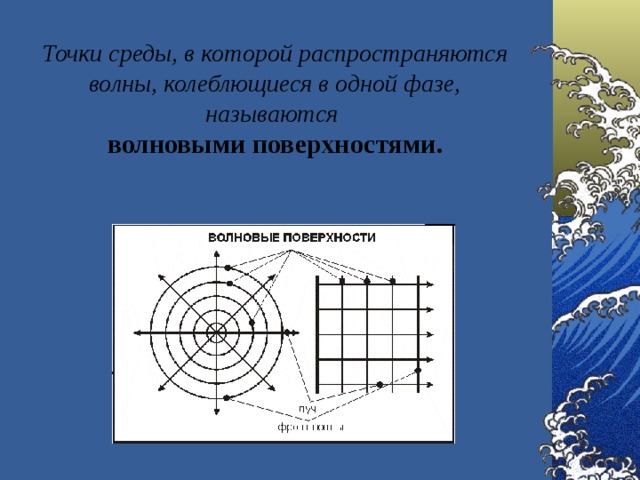   Точки среды, в которой распространяются волны, колеблющиеся в одной фазе, называются   волновыми поверхностями .   