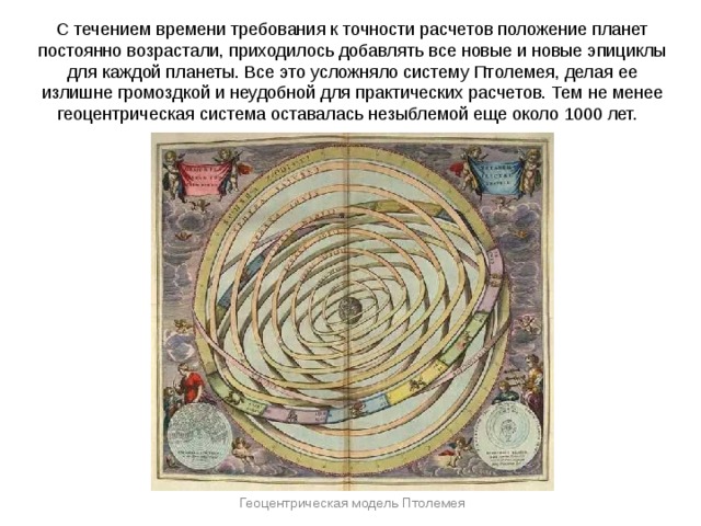 С течением времени требования к точности расчетов положение планет постоянно возрастали, приходилось добавлять все новые и новые эпициклы для каждой планеты. Все это усложняло систему Птолемея, делая ее излишне громоздкой и неудобной для практи­ческих расчетов. Тем не менее гео­центрическая система оставалась незыблемой еще около 1000 лет. Геоцентрическая модель Птолемея 