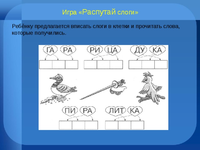 Игра « Распутай слоги» Ребёнку предлагается вписать слоги в клетки и прочитать слова, которые получились. 