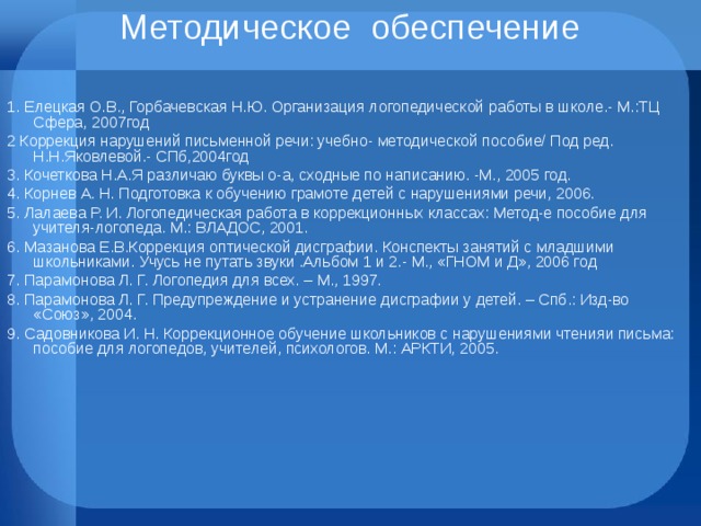 Методическое обеспечение 1. Елецкая О.В., Горбачевская Н.Ю. Организация логопедической работы в школе.- М.:ТЦ Сфера, 2007год 2 Коррекция нарушений письменной речи: учебно- методической пособие/ Под ред. Н.Н.Яковлевой.- СПб,2004год 3. Кочеткова Н.А.Я различаю буквы о-а, сходные по написанию. -М., 2005 год. 4. Корнев А. Н. Подготовка к обучению грамоте детей с нарушениями речи, 2006. 5. Лалаева Р. И. Логопедическая работа в коррекционных классах: Метод-е пособие для учителя-логопеда. М.: ВЛАДОС, 2001. 6. Мазанова Е.В.Коррекция оптической дисграфии. Конспекты занятий с младшими школьниками. Учусь не путать звуки .Альбом 1 и 2.- М., «ГНОМ и Д», 2006 год 7. Парамонова Л. Г. Логопедия для всех. – М., 1997. 8. Парамонова Л. Г. Предупреждение и устранение дисграфии у детей. – Спб.: Изд-во «Союз», 2004. 9. Садовникова И. Н. Коррекционное обучение школьников с нарушениями чтенияи письма: пособие для логопедов, учителей, психологов. М.: АРКТИ, 2005. 