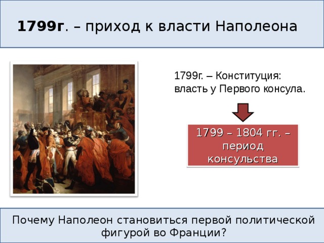 1799г . – приход к власти Наполеона 1799г. – Конституция: власть у Первого консула. 1799 – 1804 гг. – период консульства Почему Наполеон становиться первой политической фигурой во Франции? 