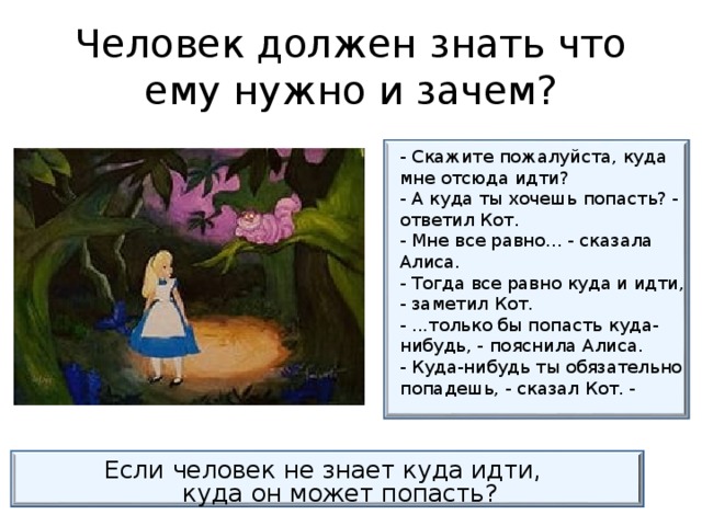 Человек должен знать что ему нужно и зачем? - Скажите пожалуйста, куда мне отсюда идти?  - А куда ты хочешь попасть? - ответил Кот.  - Мне все равно... - сказала Алиса.  - Тогда все равно куда и идти, - заметил Кот.  - ...только бы попасть куда-нибудь, - пояснила Алиса.  - Куда-нибудь ты обязательно попадешь, - сказал Кот. -   Если человек не знает куда идти,  куда он может попасть? 