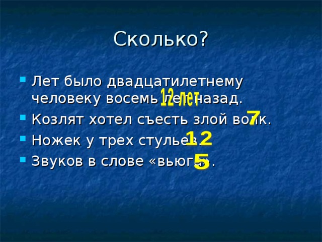Сколько? Лет было двадцатилетнему человеку восемь лет назад. Козлят хотел съесть злой волк. Ножек у трех стульев. Звуков в слове «вьюга». 
