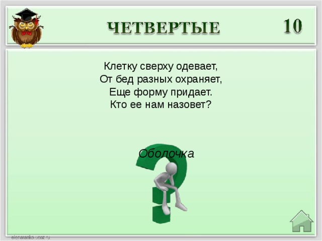 Клетку сверху одевает, От бед разных охраняет, Еще форму придает. Кто ее нам назовет? Оболочка 
