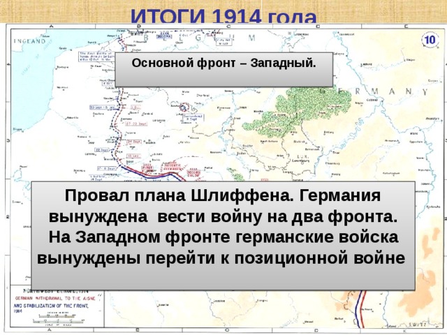 ИТОГИ 1914 года Основной фронт – Западный.  Провал плана Шлиффена. Германия вынуждена вести войну на два фронта. На Западном фронте германские войска вынуждены перейти к позиционной войне  Куляшова И.П. 