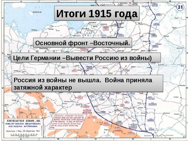 1915 г Итоги 1915 года Основной фронт –Восточный. Цели Германии –Вывести Россию из войны) Россия из войны не вышла. Война приняла затяжной характер Куляшова И.П. 