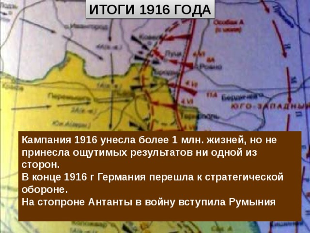 ИТОГИ 1916 ГОДА Кампания 1916 унесла более 1 млн. жизней, но не принесла ощутимых результатов ни одной из сторон. В конце 1916 г Германия перешла к стратегической обороне. На стопроне Антанты в войну вступила Румыния  Куляшова И.П. 