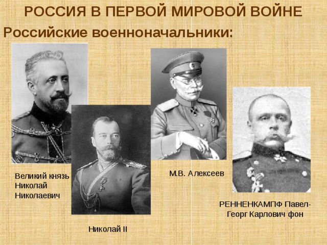 РОССИЯ В ПЕРВОЙ МИРОВОЙ ВОЙНЕ Российские военноначальники:  М.В. Алексеев Великий князь Николай Николаевич РЕННЕНКАМПФ Павел-Георг Карлович фон Николай II 
