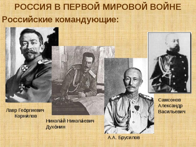 РОССИЯ В ПЕРВОЙ МИРОВОЙ ВОЙНЕ Российские командующие: Самсонов Александр Васильевич Лавр Гео́ргиевич  Корни́лов Никола́й Никола́евич Духо́нин А.А. Брусилов 