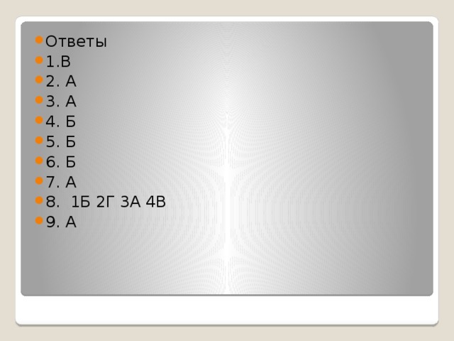Ответы 1.В 2. А 3. А 4. Б 5. Б 6. Б 7. А 8. 1Б 2Г 3А 4В 9. А 