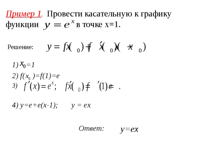 Пример 1 .  Провести касательную к графику функции в точке x=1. Решение : 1)  =1 2) f(  )=f(1)=e 3) 4) y=e+e(x-1); y = ex Ответ : y=ex 