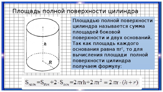 Площадь полной поверхности цилиндра Площадью полной поверхности цилиндра называется сумма площадей боковой поверхности и двух оснований. Так как площадь каждого основания равна πr 2 , то для вычисления площади  полной поверхности цилиндра получаем формулу: 