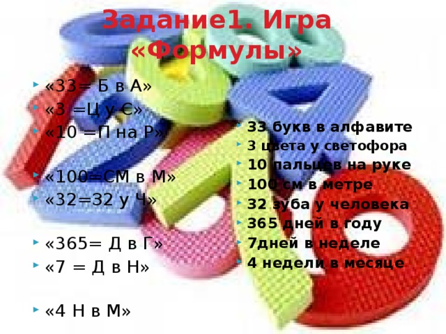 Задание1. Игра «Формулы» «33= Б в А» «3 =Ц у С» «10 =П на Р» «100=СМ в М» «32=З2 у Ч» «365= Д в Г» «7 = Д в Н» «4 Н в М» 33 букв в алфавите 3 цвета у светофора 10 пальцев на руке 100 см в метре 32 зуба у человека 365 дней в году 7дней в неделе 4 недели в месяце 