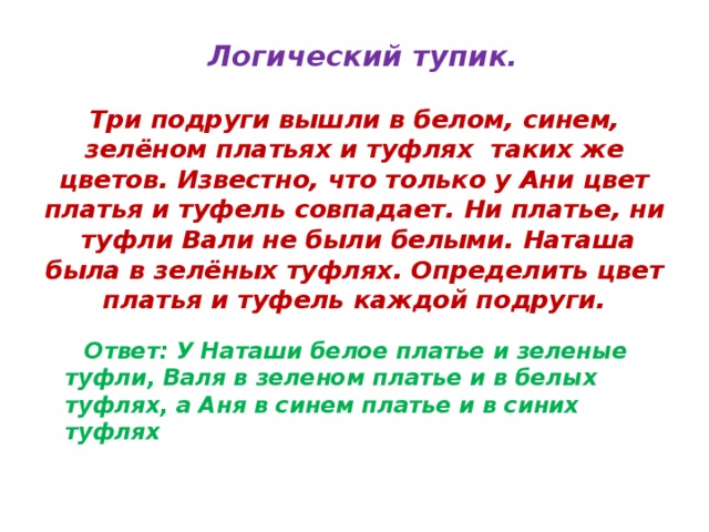  Логический тупик.   Три подруги вышли в белом, синем, зелёном платьях и туфлях таких же цветов. Известно, что только у Ани цвет платья и туфель совпадает. Ни платье, ни туфли Вали не были белыми. Наташа была в зелёных туфлях. Определить цвет платья и туфель каждой подруги.    Ответ: У Наташи белое платье и зеленые туфли, Валя в зеленом платье и в белых туфлях, а Аня в синем платье и в синих туфлях 