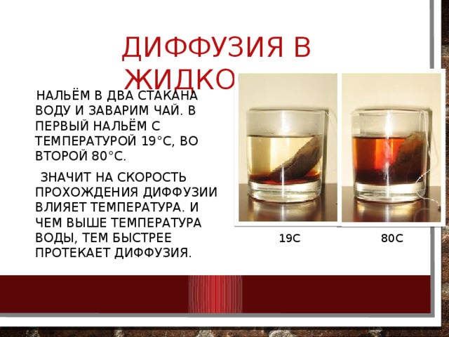 Диффузия в жидкостях  Нальём в два стакана воду и заварим чай. В первый нальём с температурой 19°C, во второй 80°C.  Значит на скорость прохождения диффузии влияет температура. И чем выше температура воды, тем быстрее протекает диффузия. 19C 80C 