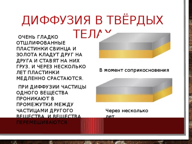 Диффузия в твёрдых телах  Очень гладко отшлифованные пластинки свинца и золота кладут друг на друга и ставят на них груз. И через несколько лет пластинки медленно срастаются.  При диффузии частицы одного вещества проникают в промежутки между частицами другого вещества, и вещества перемешиваются. В момент соприкосновения Через несколько лет 