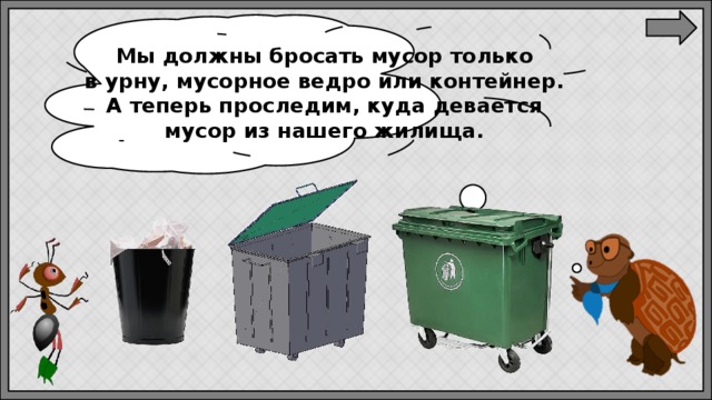 Мы должны бросать мусор только в урну, мусорное ведро или контейнер. А теперь проследим, куда девается мусор из нашего жилища. 