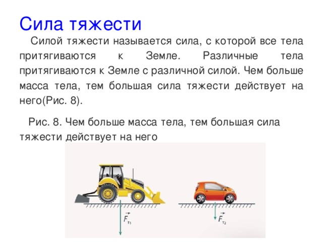 Сила тяжести    Силой тяжести называется сила, с которой все тела притягиваются к Земле. Различные тела притягиваются к Земле с различной силой. Чем больше масса тела, тем большая сила тяжести действует на него(Рис. 8).  Рис. 8. Чем больше масса тела, тем большая сила тяжести действует на него 