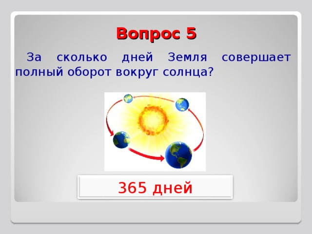 Вопрос 5 За сколько дней Земля совершает полный оборот вокруг солнца? 365 дней 