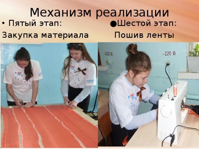 Механизм реализации Пятый этап: ●Шестой этап: Закупка материала Пошив ленты 