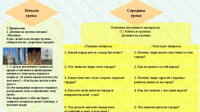 Начало урока Середина урока  I. Приветсвие 2. Деление на группы методом «Мозайка» Класс делится на четыре группы, собирая пазлы. (картинка городов)      3.Стадиия вызова Г. С целью вовлечения учащихся в процессе обучения и пробуждения интереса к теме урока задаются вопросы: «В каком городе хотелось бы вам жить?» «Как бы вы хотели в нём жить?» Путём наводящих вопросов учащиеся раскрывают тему и определяют тему урока. Как выдумаете, о чём мы будем говорить сегодня на уроке? (легенда о вольном граде) Освоение изученного материала. (Г) Работа в группах . Деление на группы «Тонкие» вопросы 1. Какой народ жил в «граде богатом»? «Толстые» вопросы 1. Почему люди жили счастливо в этом городе? 2. Что любили люди этого города? 2. Как встречал гостей народ? 3. Какое чувство стало съедать людские сердца? 3. Почему люди «другой стороны» решили напасть на город? 4. Кого послали жители города в неприятельский стан? 4. Как поступили с послами враги? 5. Что делали жители города весь оставшийся день и всю ночь? 5. Что поняли жители города? 