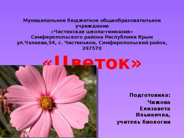 Муниципальное бюджетное общеобразовательное учреждение  «Чистенская школа-гимназия»  Симферопольского района Республики Крым  ул.Чапаева,54, с. Чистенькое, Симферопольский район, 297570  «Цветок» Подготовила: Чижова Елизавета Ильинична, учитель биологии 