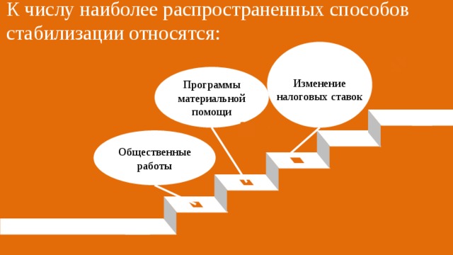 К числу наиболее распространенных способов стабилизации относятся: Программы материальной помощи Изменение  налоговых ставок Общественные работы 