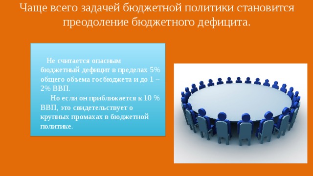 Чаще всего задачей бюджетной политики становится преодоление бюджетного дефицита.  Не считается опасным бюджетный дефицит в пределах 5% общего объема госбюджета и до 1 – 2% ВВП.  Но если он приближается к 10 % ВВП, это свидетельствует о крупных промахах в бюджетной политике. 