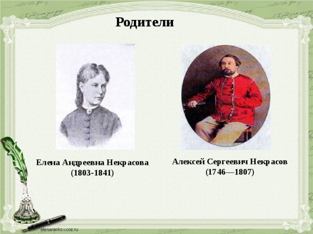 Родители   Алексей Сергеевич Некрасов (1746—1807) Елена Андреевна Некрасова (1803-1841) 