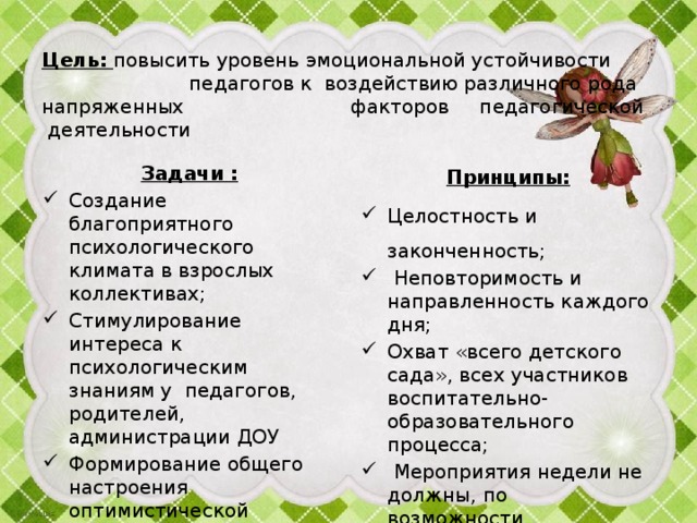  Цель:   повысить уровень эмоциональной устойчивости педагогов к воздействию различного рода напряженных факторов педагогической деятельности    Принципы: Целостность и законченность;  Неповторимость и направленность каждого дня; Охват «всего детского сада», всех участников воспитательно-образовательного процесса;  Мероприятия недели не должны, по возможности, вмешиваться в воспитательно-образовательный процесс. Задачи : Создание благоприятного психологического климата в взрослых коллективах; Стимулирование интереса к психологическим знаниям у педагогов, родителей, администрации ДОУ Формирование общего настроения оптимистической тональности, настрой на «психологическую волну» 