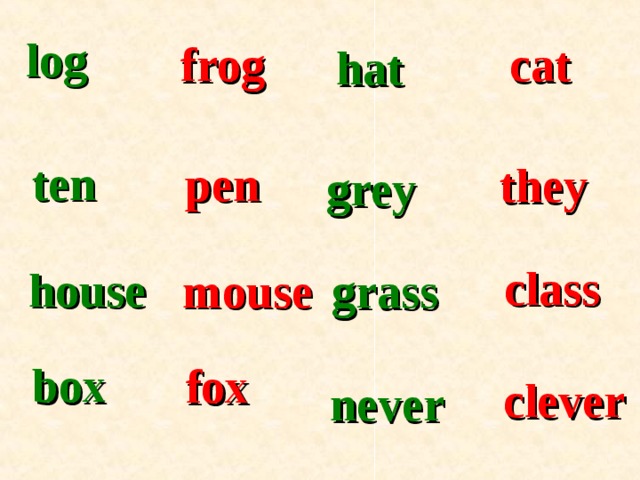 log cat frog hat ten pen they grey class house mouse grass box fox clever never 