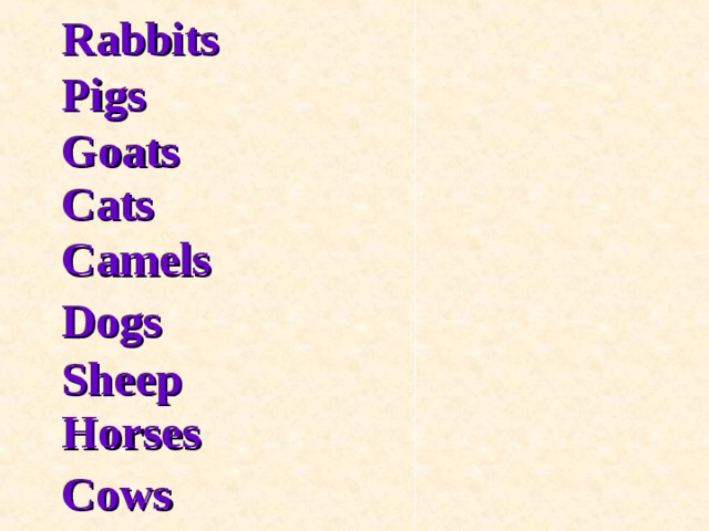 Rabbits Pigs Goats Cats Camels Dogs Sheep Horses Cows 