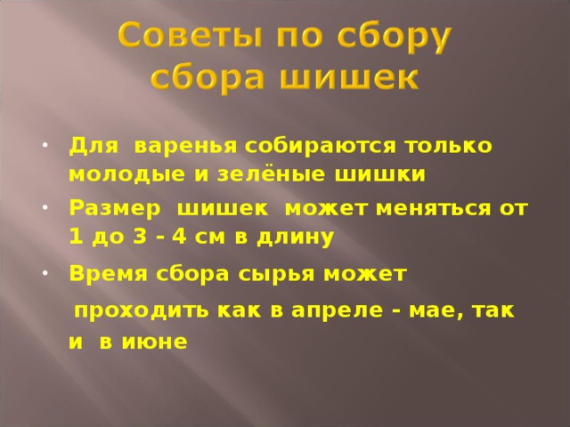  Для варенья собираются только молодые и зелёные шишки Размер шишек может меняться от 1 до 3 - 4 см в длину Время сбора сырья может  проходить как в апреле - мае, так и в июне  