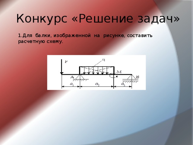  Конкурс «Решение задач» 1.Для балки, изображенной на рисунке, составить расчетную схему. 