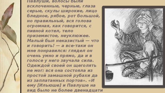 «У второго мальчика, Павлуши, волосы были всклоченные, черные, глаза серые, скулы широкие, лицо бледное, рябое, рот большой, но правильный, вся голова огромная, как говорится, с пивной котел, тело приземистое, неуклюжее. Малый был неказистый — что и говорить! — а все-таки он мне понравился: глядел он очень умно и прямо, да и в голосе у него звучала сила. Одеждой своей он щеголять не мог: вся она состояла из простой замашной рубахи да из заплатанных портов». «И ему [Ильюше] и Павлуше на вид было не более двенадцати лет».   