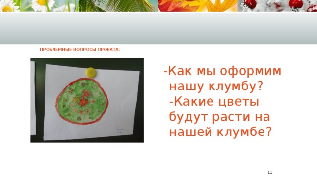 Проблемные вопросы проекта:    -Как мы оформим нашу клумбу?  -Какие цветы будут расти на нашей клумбе?   