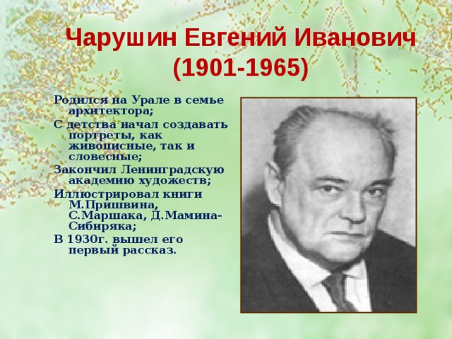 Чарушин Евгений Иванович  (1901-1965) Родился на Урале в семье архитектора; С детства начал создавать портреты, как живописные, так и словесные; Закончил Ленинградскую академию художеств; Иллюстрировал книги М.Пришвина, С.Маршака, Д.Мамина-Сибиряка; В 1930г. вышел его первый рассказ.      Знакомство с творчеством Е.И.Чарушина   