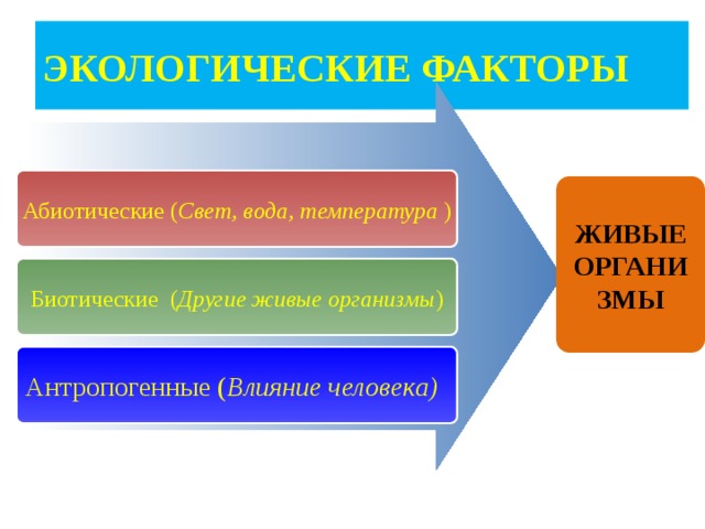 ЭКОЛОГИЧЕСКИЕ ФАКТОРЫ Абиотические ( Свет, вода, температура ) ЖИВЫЕ ОРГАНИЗМЫ Биотические ( Другие живые организмы ) Антропогенные ( Влияние человека) 