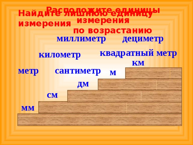 Расположите единицы измерения  по возрастанию Найдите лишнюю единицу измерения миллиметр дециметр квадратный метр километр км метр сантиметр м дм см мм 